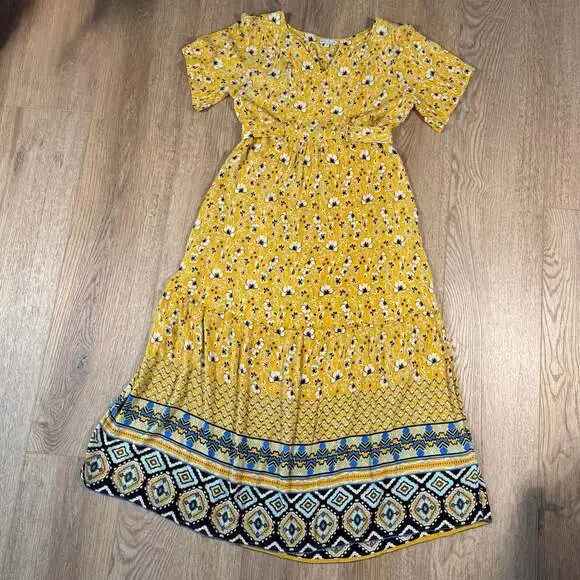 Natura Yellow Floral Boho Maxi Dress XS Tribal Border Hem - Picture 2 of 12